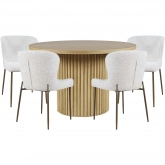 Auden 5 Piece Dining Set in Natural Brown Wood, Gray Fabric & Brass